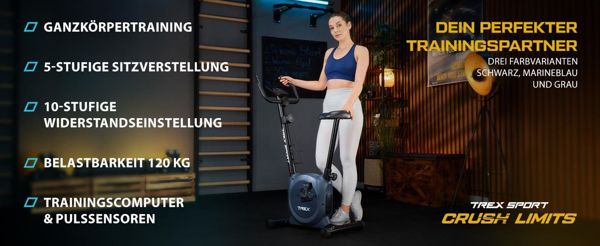 TREX SPORT Heimtrainer Fahrrad für Zuhause TX-350MB RIZE | Pulssensoren, Magnetisches Fitnessbike, 10 Stufen leise, 5 Sitzhöhen, bis 120kg| Marineblau