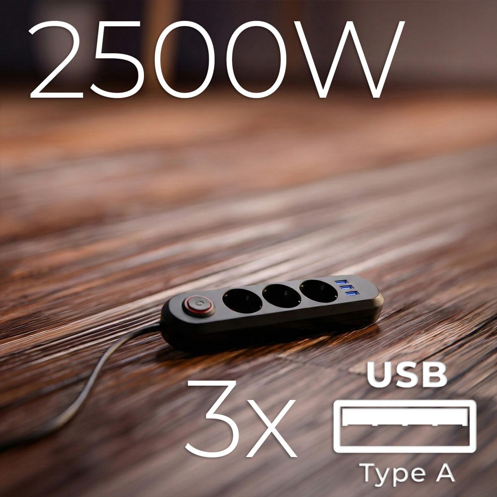 Maclean Steckdosenleiste 3-Steckdosen-Verlängerungskabel + 3xUSB 110-240V AC 50/60Hz 2,1A max 2500W 1,5m schwarz MCE394 B