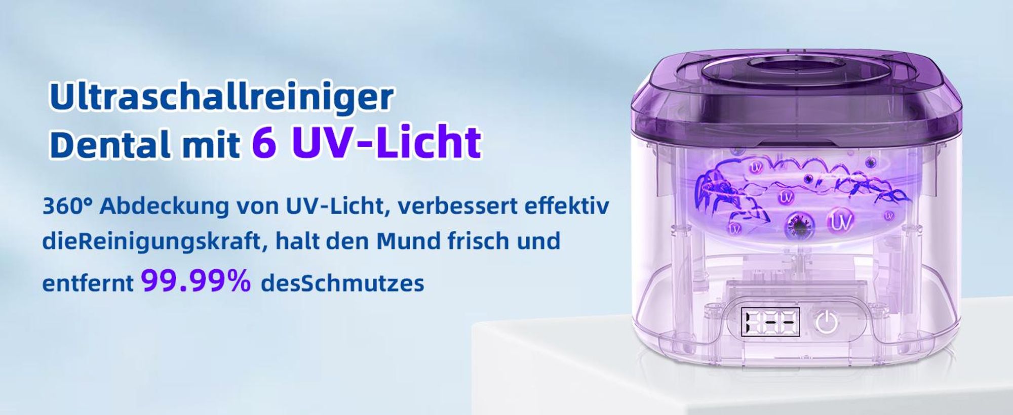 Ultraschallreiniger, Ultraschallreinigungsgerät, 50000Hz Ultrasonic Cleaner, 340ML Ultraschallgerät mit 6 UV-Licht & 4 Modes, für Zahnersatz, Retainer
