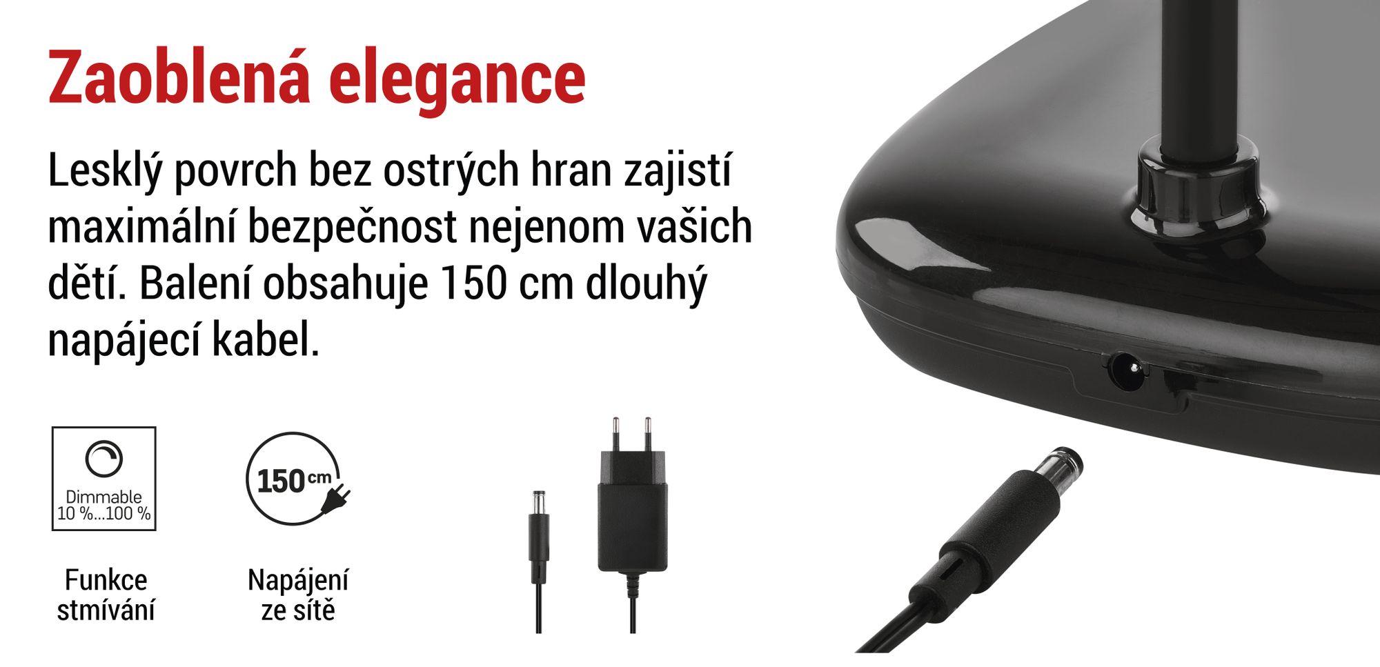 EMOS LED stolní lampa MOLLY 12W, jas 650lm, stmívatelná, nast. barva světla, flexibilní rameno lampy, 1,5m kabel + adaptér, černá, Z7638B