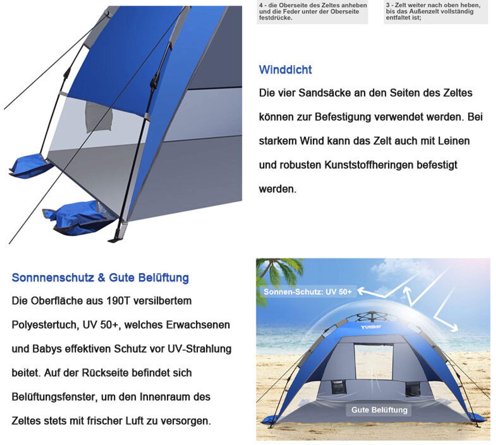 Yorbay Automatik-Strandzelt mit UV-Schutz 50+,Strandmuschel mit Heringen, Sandtasche und Tragetasche, für 2-3 Personen, schnell aufbauend für Familie, Strand, Garten, Camping, Anglen, Outdoors