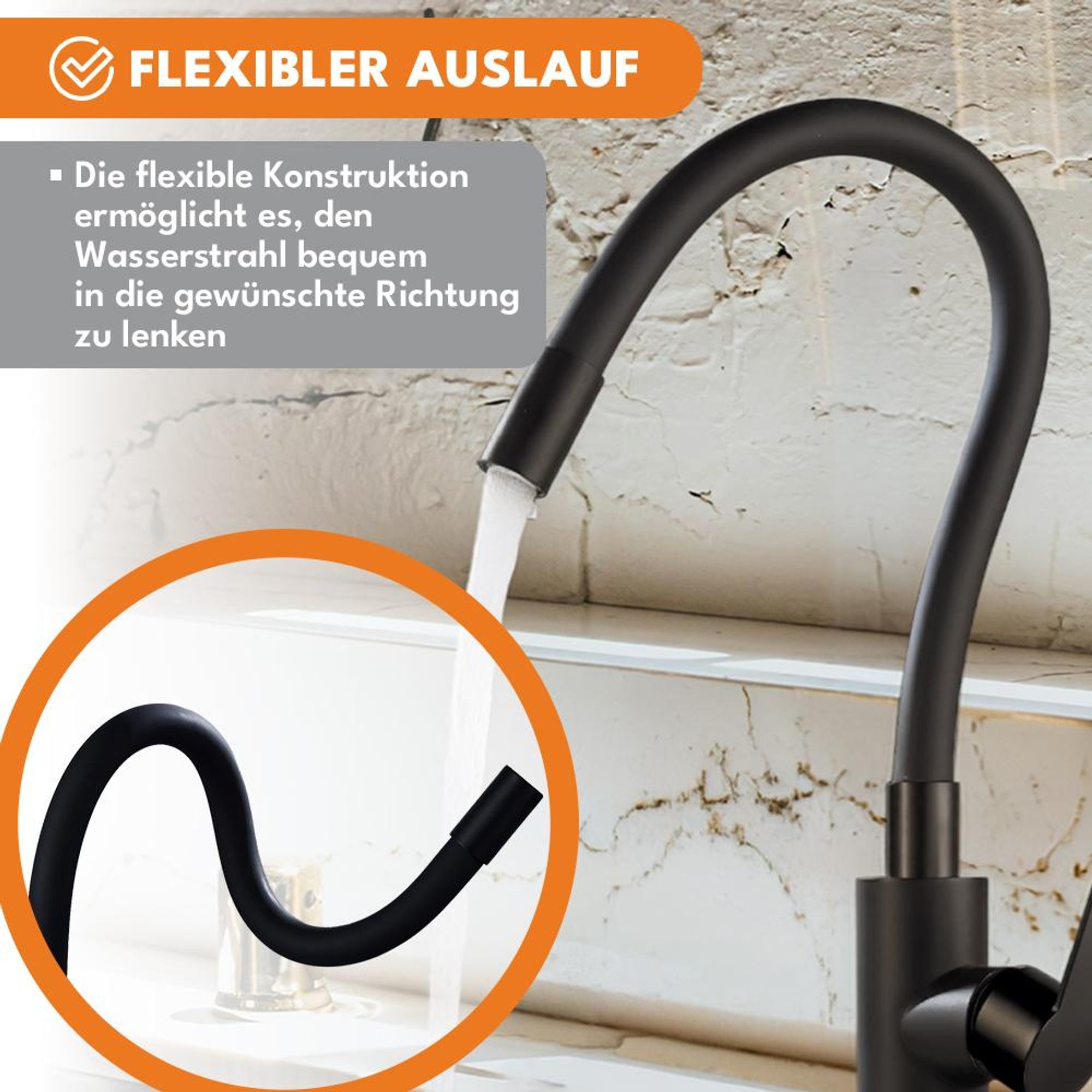 KRUMAD Küchenarmatur, Wasserhahn Küche Schwarz, Wasserhahn Spüle, Küchenwasserhahn mit Schlauch, moderne Armatur für Küchenspülen