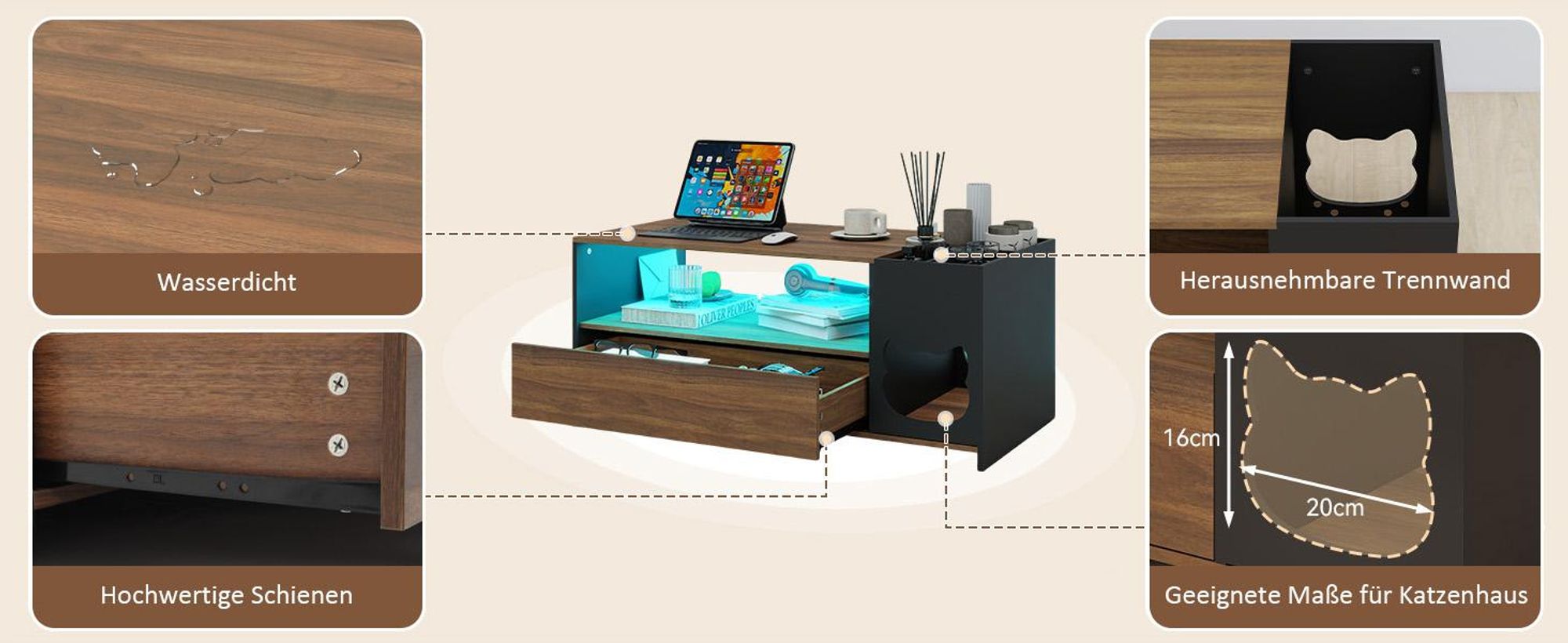 Puluomis Couchtisch mit Schublade, RGB LED Beleuchtung und Fernbedienung, Kaffeetisch mit Katzenhaus, Katzentisch Großes Staufach , für Wohnzimmer