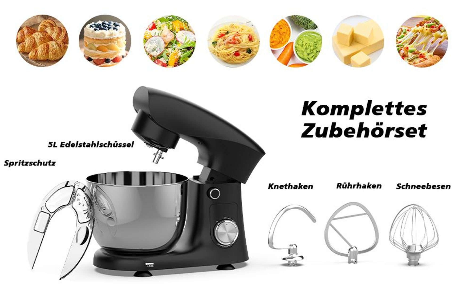 Küchenmaschine, 5L Edelstahlschüssel, Knet- & Rührmaschine, 10 Geschwindigkeiten, 600W, inkl. Knethaken, Rührhaken, Schneebesen & Spritzschutz