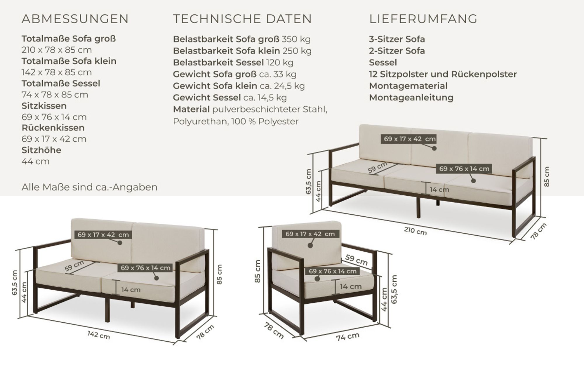 tectake® Garten-Loungeset Comosa für 6 Personen, XXL-Polsterung