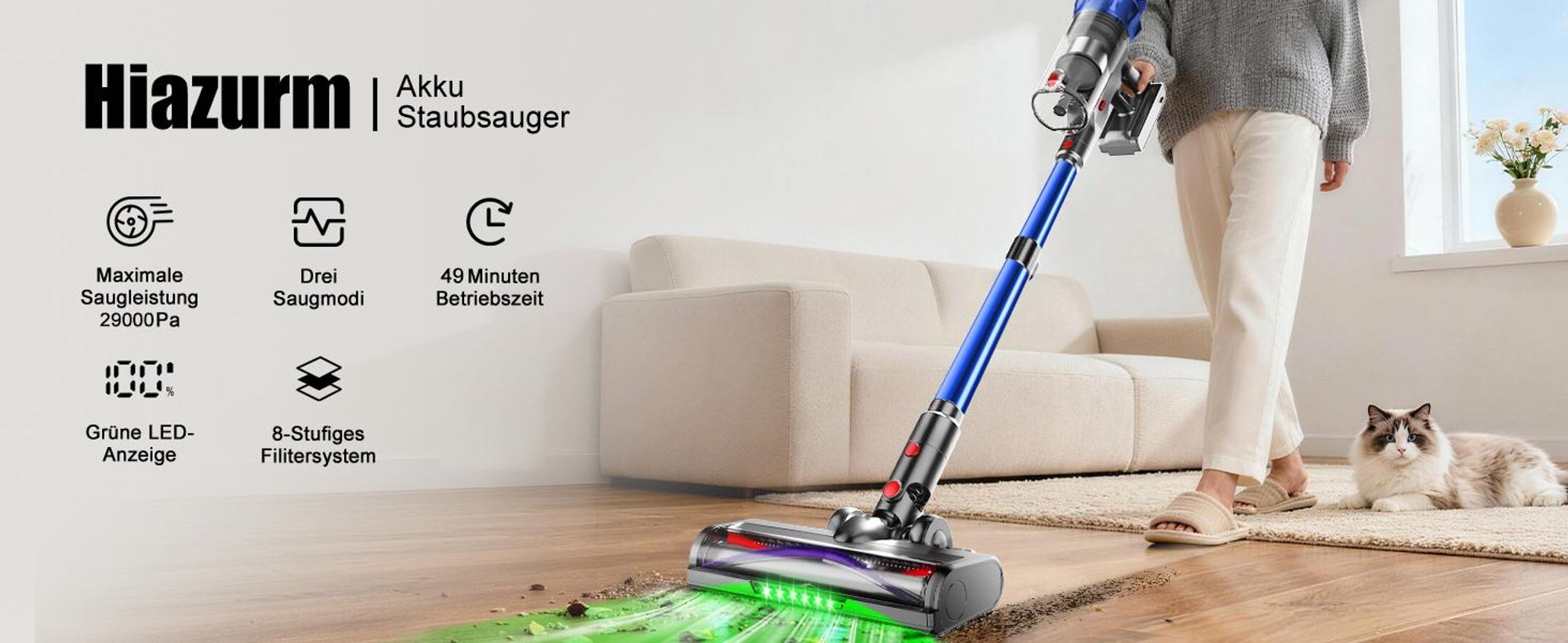 Hiazurm Akku Staubsauger,Staubsauger kabellos mit Touchscreen, HEPAx4, Schlauchbürste, Staubsauger, Anti-Tangle-Staubsauger