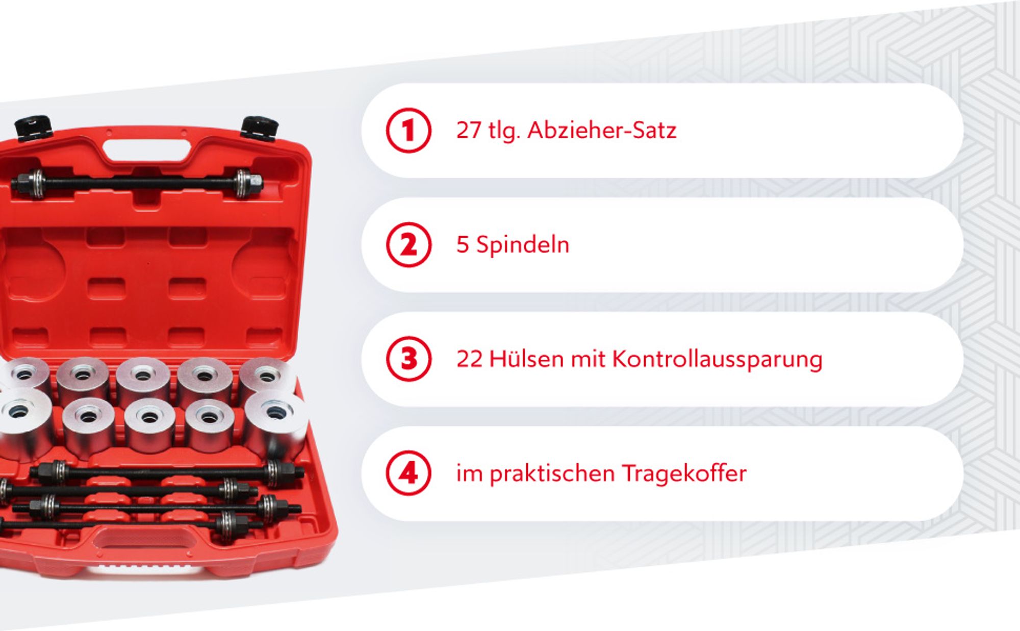 Wiltec Silentlager Abzieher Satz 27 teilig, Ausdrücker für Achslager, Werkzeug für Silentlager mit 22 Hülsen M10-M18 und 5 Spindeln