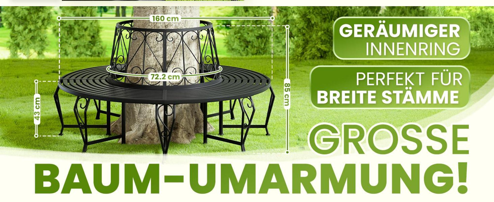 Gartenbank 360° Rundbank Metall schwarz Außendurchmesser 160 cm Höhe 84 cm Innendurchmesser 70 cm