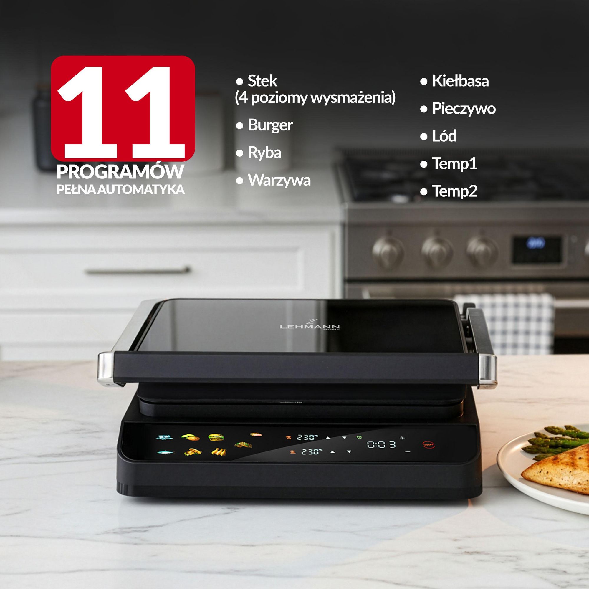 Grill elektryczny LEHMANN STELIO, opiekacz do Panini, tostów, steków 2000W + programator czasu i temperatury 90 - 230℃, rozkładany, Lehmann LHOEG-2029