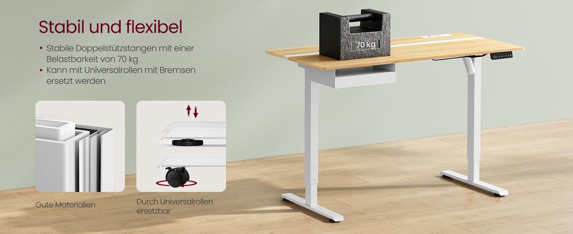 VASAGLE Höhenverstellbarer Schreibtisch elektrisch, mit Steckdose und Schublade, 60 x 120 cm Memory-Funktion, Goldeichenfarben-Wolkenweiß