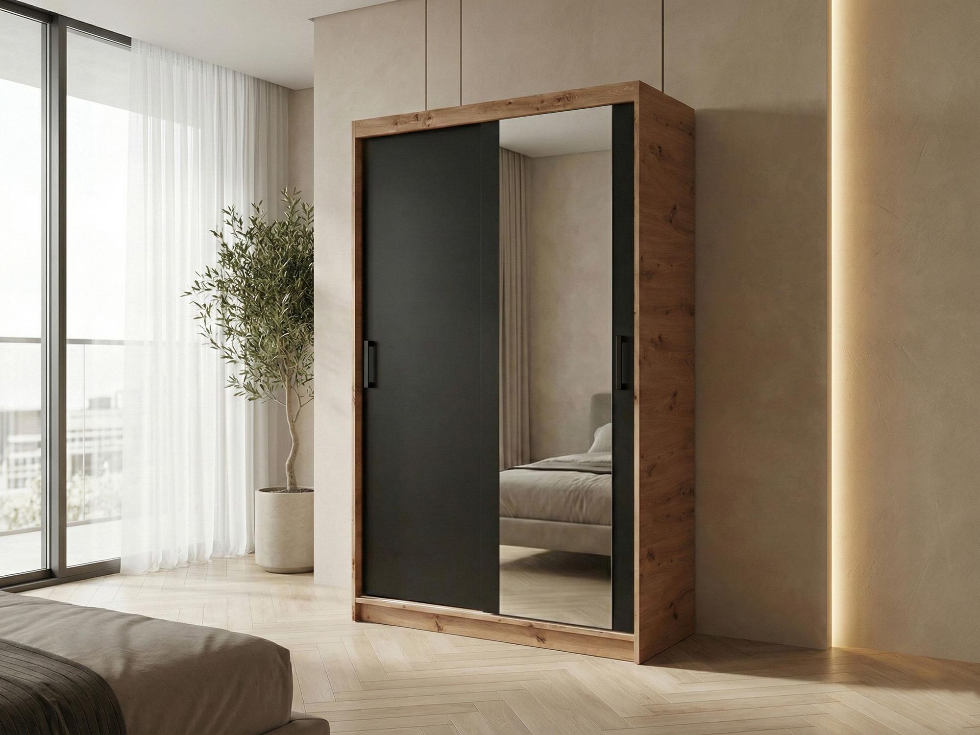 BEAUTYSOFA | Schwebetürenschrank HELA 100 cm Eiche Artisan + Schwarz – 2-türig Moderner Kleiderschrank mit Spiegel und Schiebetüren