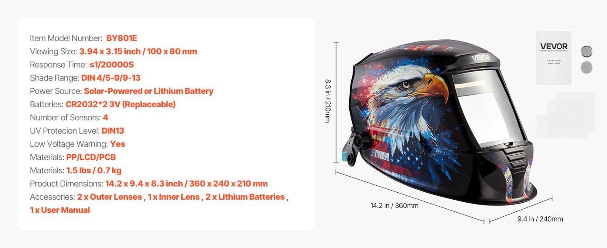 VEVOR Automatik Schweißhelm, 100 x 80 mm True Color, 1/1/1/1 Solar Schweißermaske, 4 Lichtbogensensoren, Schweißschirm DIN 4/5-9/9-13 für WIG MIG ARC Schweißen Schleifen Schneiden – METIS-Serie