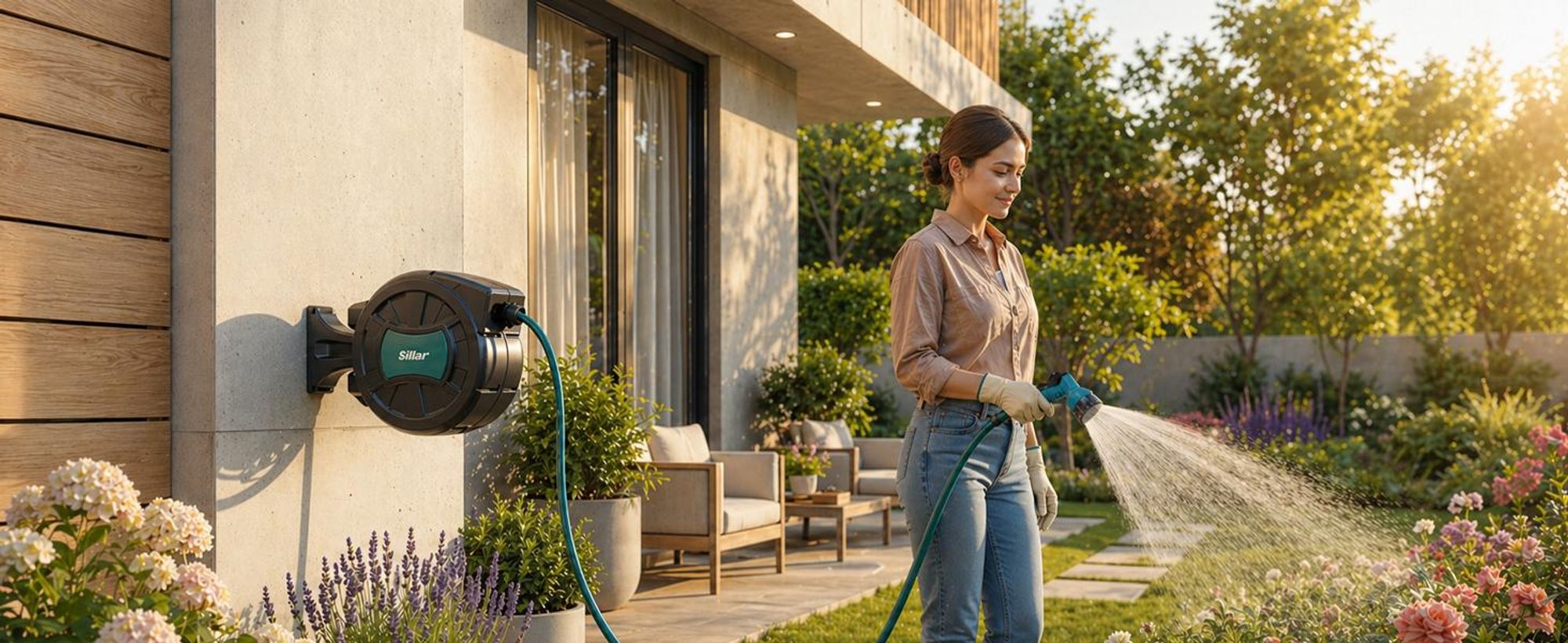 Sillar Automatischer Gartenschlauch 30 m auf Trommel mit Aufroller Wandhalterung