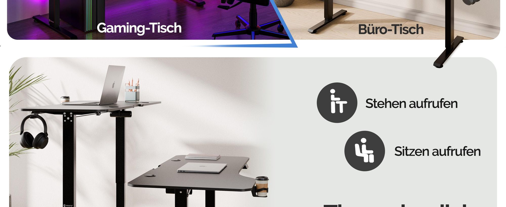 CASARIA® Höhenverstellbarer Schreibtisch 160x75 cm elektrisch mit Kopfhörerhalter Tassenhalter Modern Büro Gaming PC Computer Tisch Schwarz Carbon-Optik