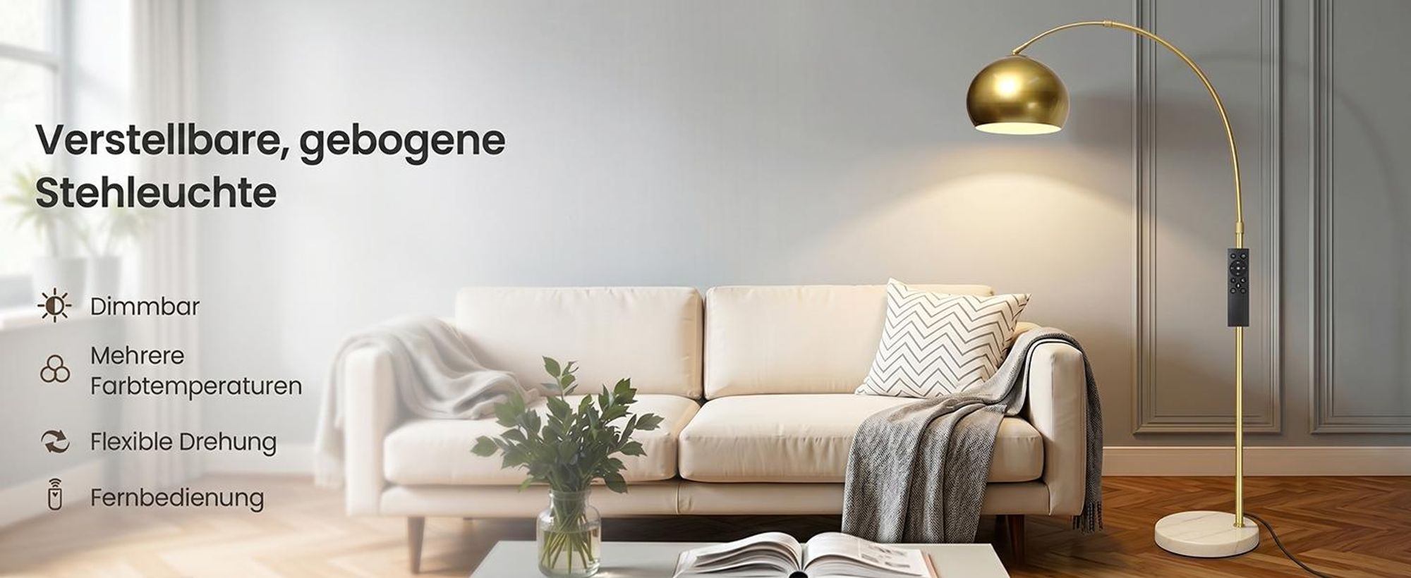 Gebogen Stehlampe Modern Golden Einstellbar Stehleuchte Metallschirm und Marmorsockel Dimmbar Bogenleuchte mit Fernbedienung