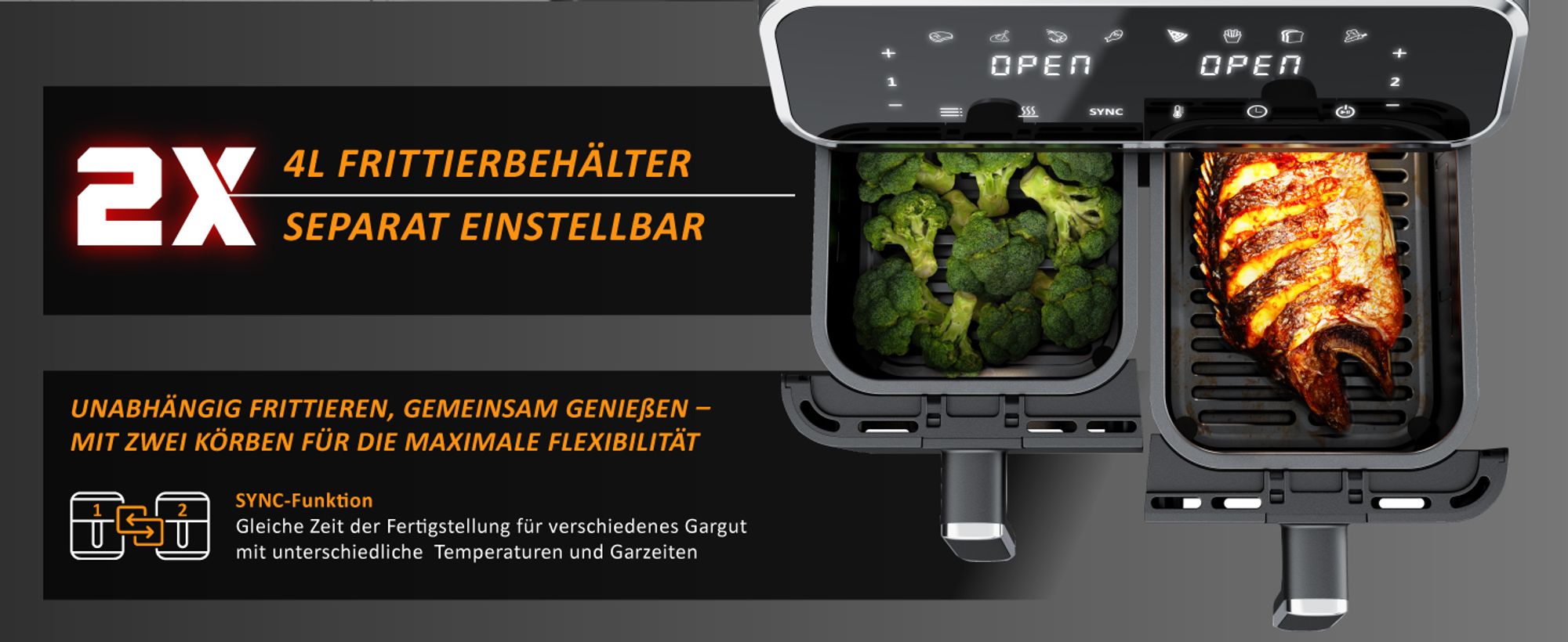 Arendo Heißluftfritteuse XXL, Doppelkammer, Dual Zone, 2in1 Backofen und Airfryer, 2x 4L, 2700W, 3D Umluft, 8 Programme, Timer, SYNC, Antihaft