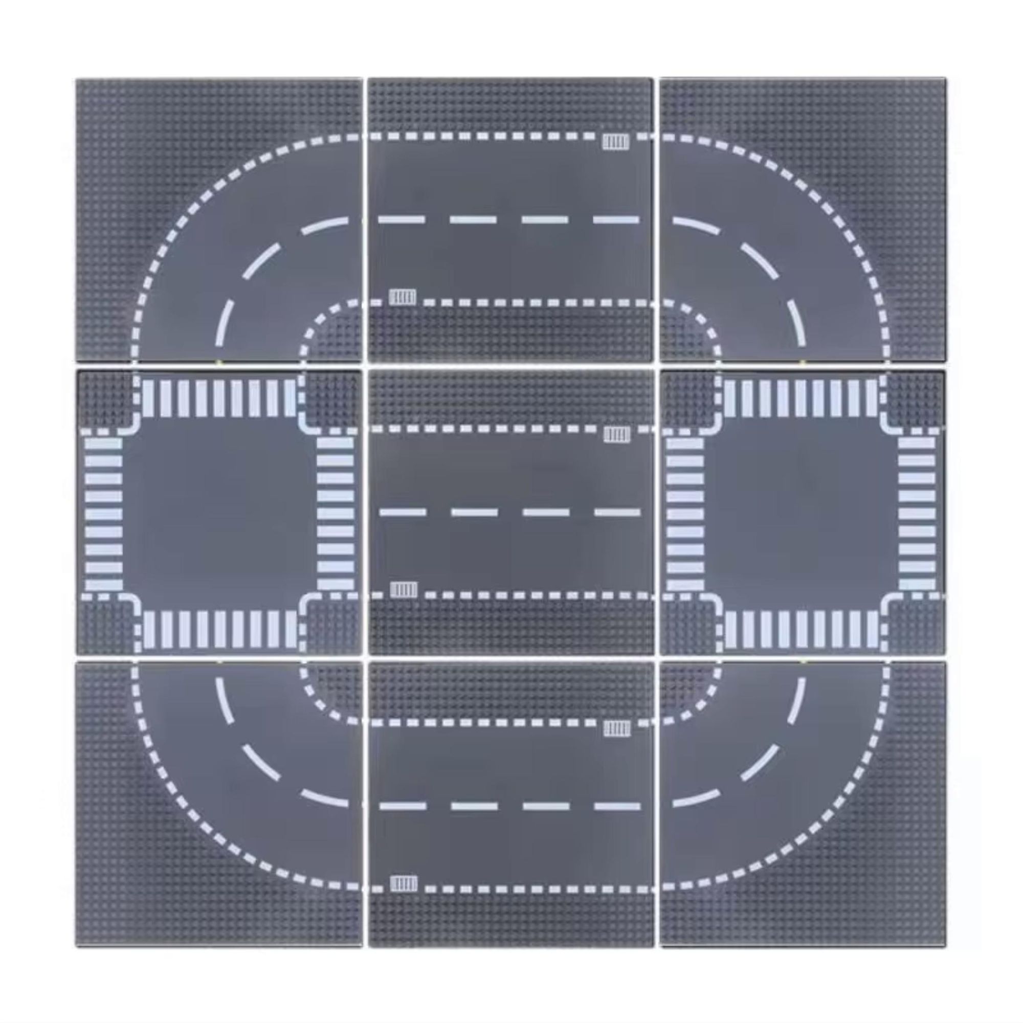 Bauplatte Straße Kurve 32x32 Noppen, Straßenplatte kompatibel mit gängigen Bausteinen, 25,6 x 25,6 cm, EVI KIDS, Grau