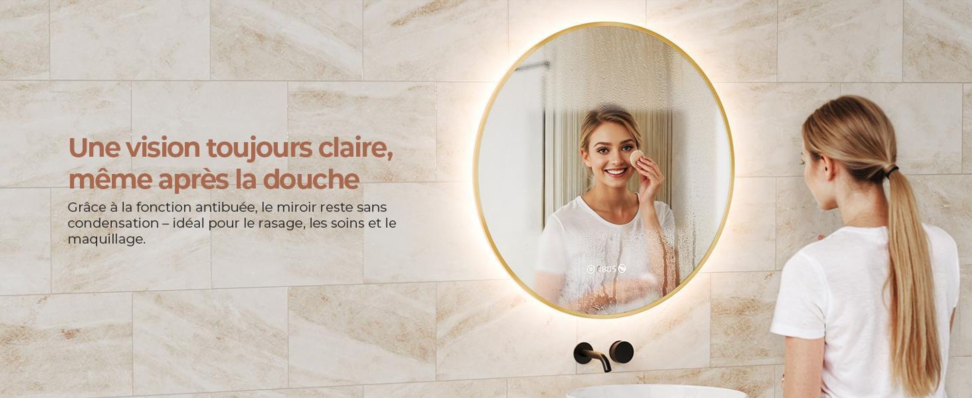 S'AFIELINA miroir salle de bain LED 70 cm rond, tactile, anti-buée, variateur, horloge, température, mémoire, bordure dorée.