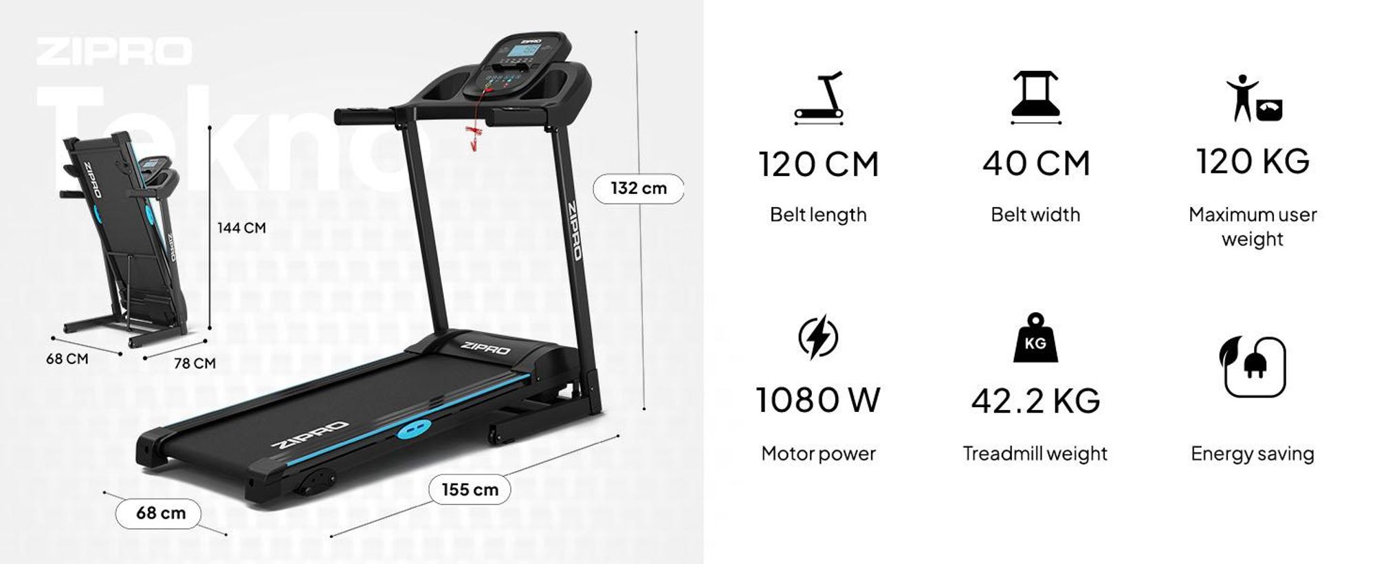 Zipro Tekno skladací bežecký pás, 1080 W tichý elektrický motor, široká bežecká plocha 40 cm bežecký pás pre domácnosť Skladací so sklonom SportRun Running Sport