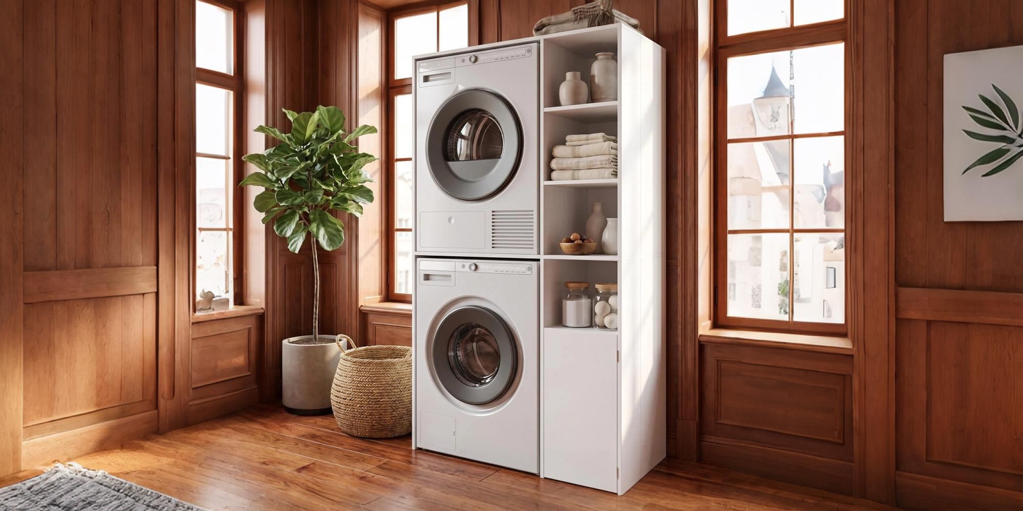 FobyFurny Waschmaschinenschrank für Waschmaschine Wäschetrockner DOPPELT Hochschrank für Trockner & Waschmaschine, mit Wäschekorb, off. Regalböden