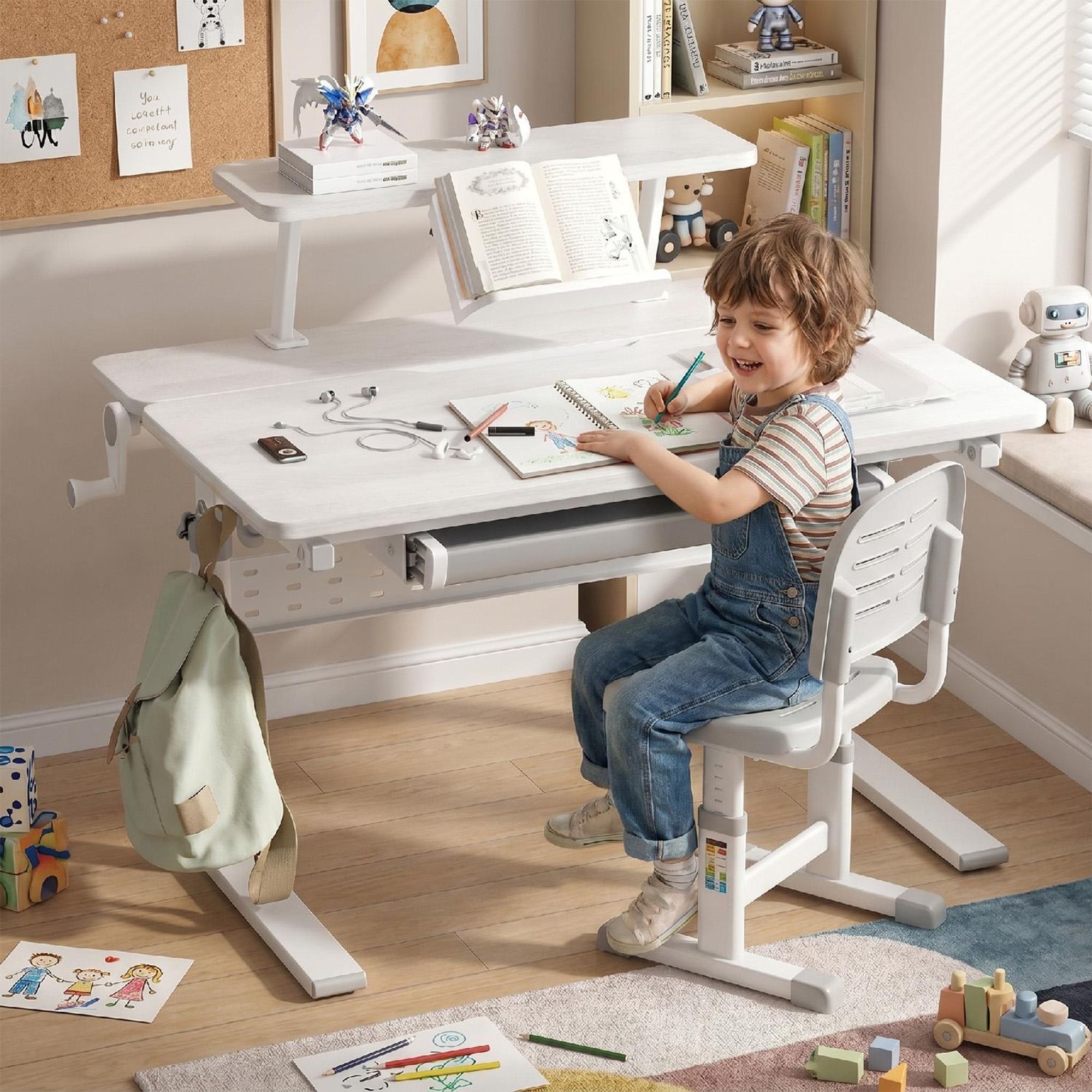 Ergo Office ER-483 Ergonomischer Kinderschreibtisch mit Höhenverstellung und Neigungsverstellung bis zu 40 Grad, Zusätzliche Ablage mit Buchhalterung, Kinder-Schultisch bis 40kg Schublade Taschenhaken