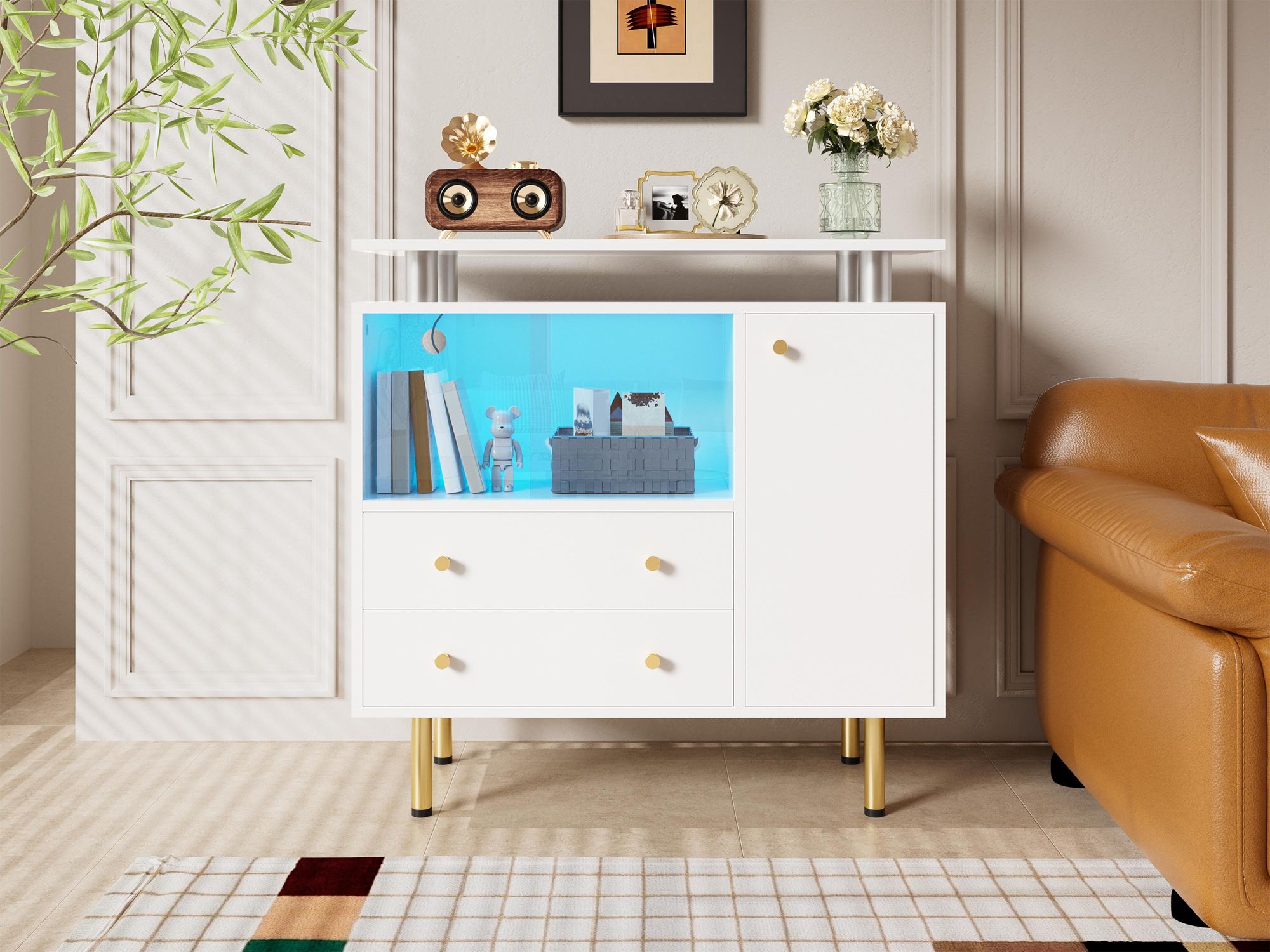 Merax Sideboard mit LED Glasschiebetüren, Moderne Kommode Mit 2 Schubladen und Tür, Aufbewahrungsschrank für Wohnzimmer Flur Esszimmer, Weiß