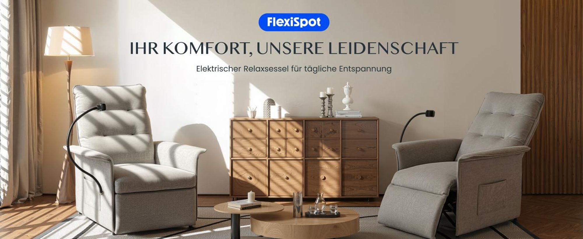 FLEXISPOT Elektrischer Relaxsessel mit Handyhalterung, ergonomischer Liegesessel mit Liegefunktion, Fernsehsessel bis 200kg belastbar, Lichtgrau