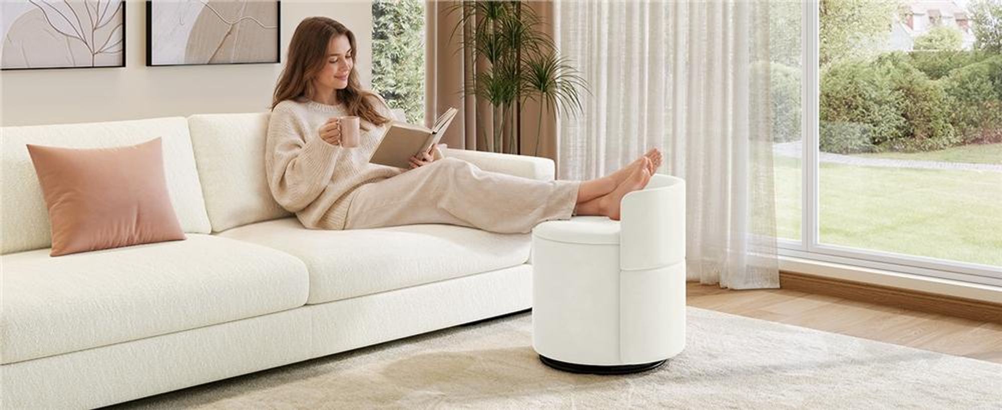 Yaheetech Drehbarer Sitzhocker mit Stauraum 40 L, gepolsterter Schminkhocker, Hocker für Schminktisch, aus Samtbezug, bis 136 kg, Weiß