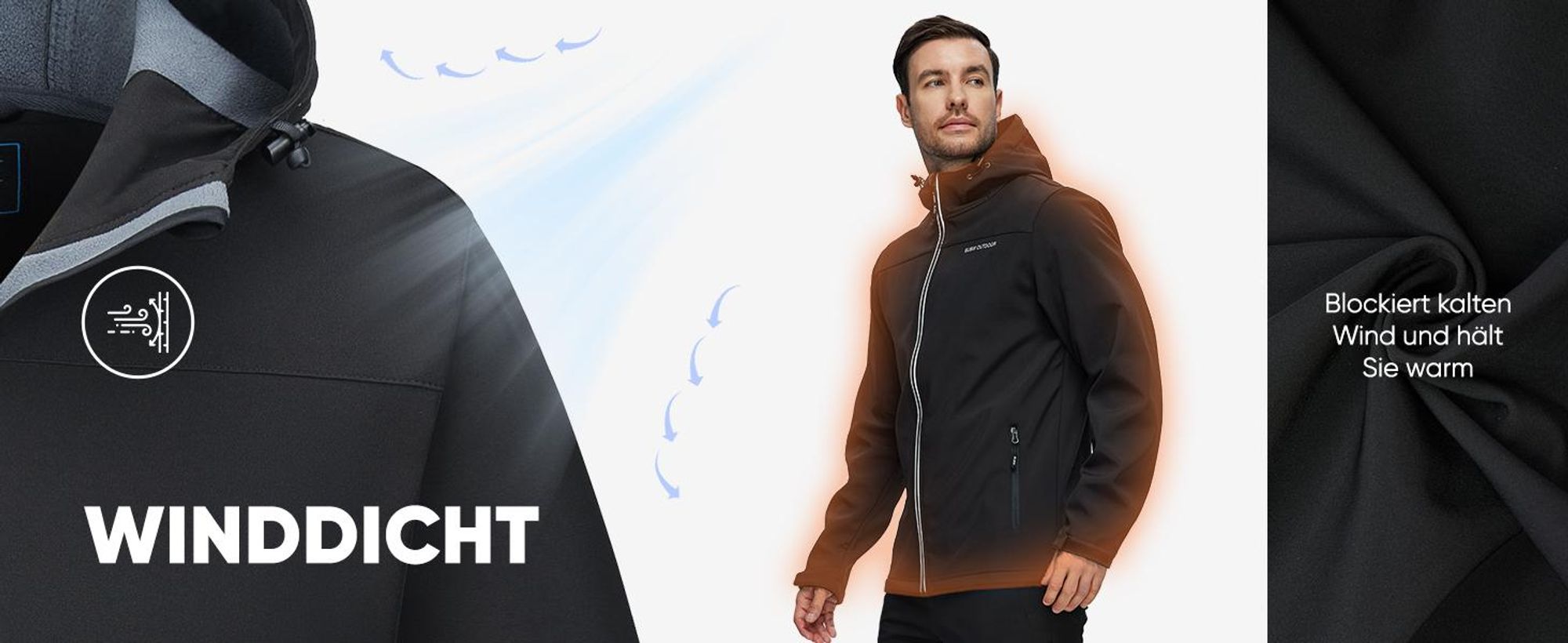 BUBW Herren Softshelljacke wasser- und winddicht mit Kapuze Gefütterte Outdoor-Jacke mit Reflexstreifen Verstellbare Manschetten, atmungsaktiv