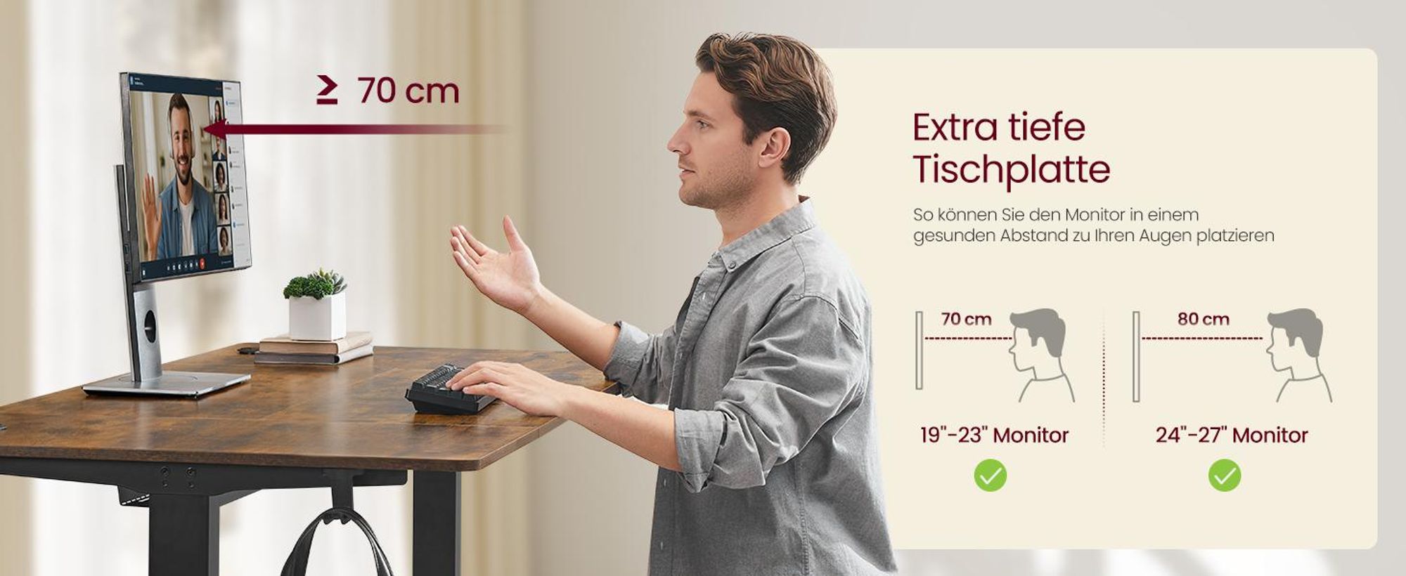 VASAGLE Höhenverstellbarer Schreibtisch, 140 cm, USB-C-Anschluss, Ablage für Steckdosenleiste, Erinnerung bei langem Sitzen, 3 Speichertasten