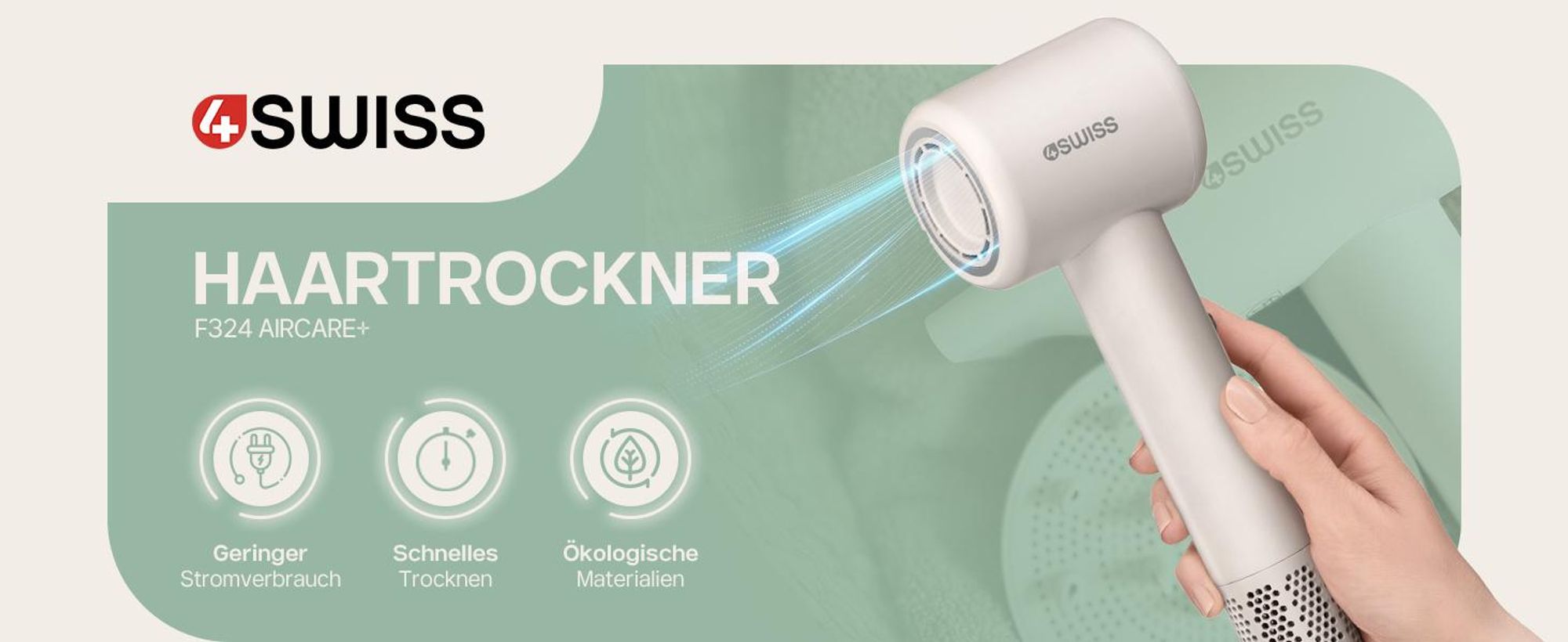 4Swiss F424 AirPower+ Haartrockner, 8 Trocknungsmodi, 110 000 U/min, Ionen >500 Millionen, magnetische Stylingspitze, leise und leicht.