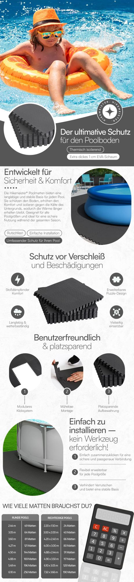 Meisterhome® Pool Unterlegmatte Poolmatte 12 St. – 1.92 m² - Bodenschutz Matte für den Pool/Planschbecken Bodenfolie Bodenmatte Poolunterlage Schwarz