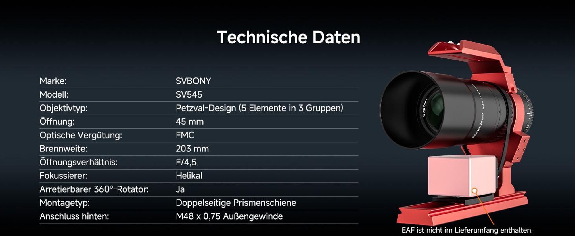 Svbony SV545 Petzval APO Teleskop, Refraktor Teleskop, f/4,5, 203 mm Brennweite, Eingebauter Bildfeldebner, unterstützt EAF,Vollformat Astrofotografie