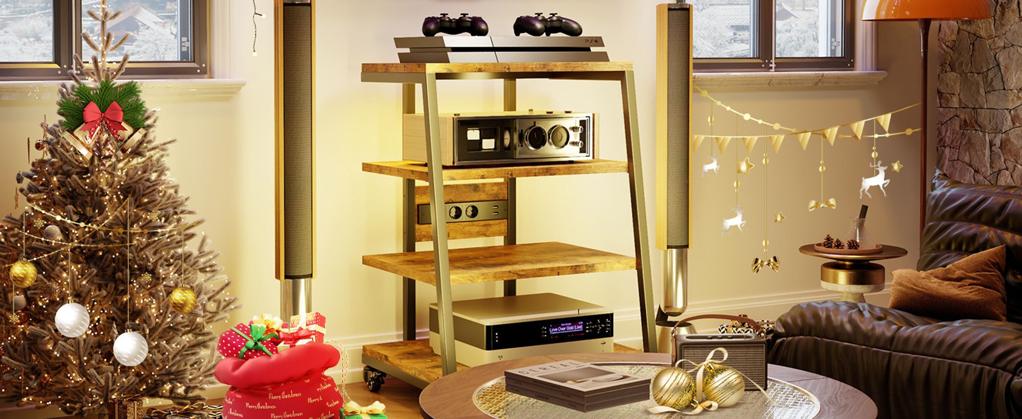 4-stufiger HiFi Rack 60x52x78 cm mit Rädern, Plattenspieler Tisch Schrank mit Steckdosenleisten, LED, Verstellbaren Ablage Holz Medienständer Regal