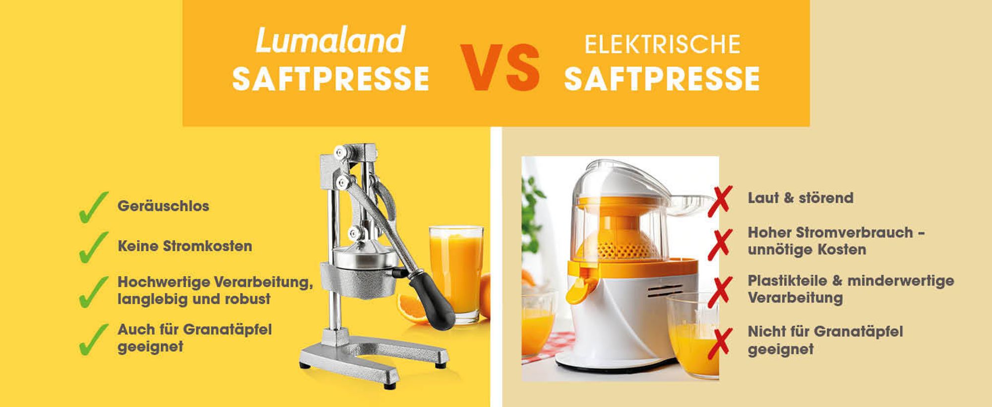 Lumaland Edelstahl Saftpresse Hochwertige, sehr leise, manuell bedienbare Zitruspresse Entsafter Stilvolle Handpresse Einfach frische Säfte pressen