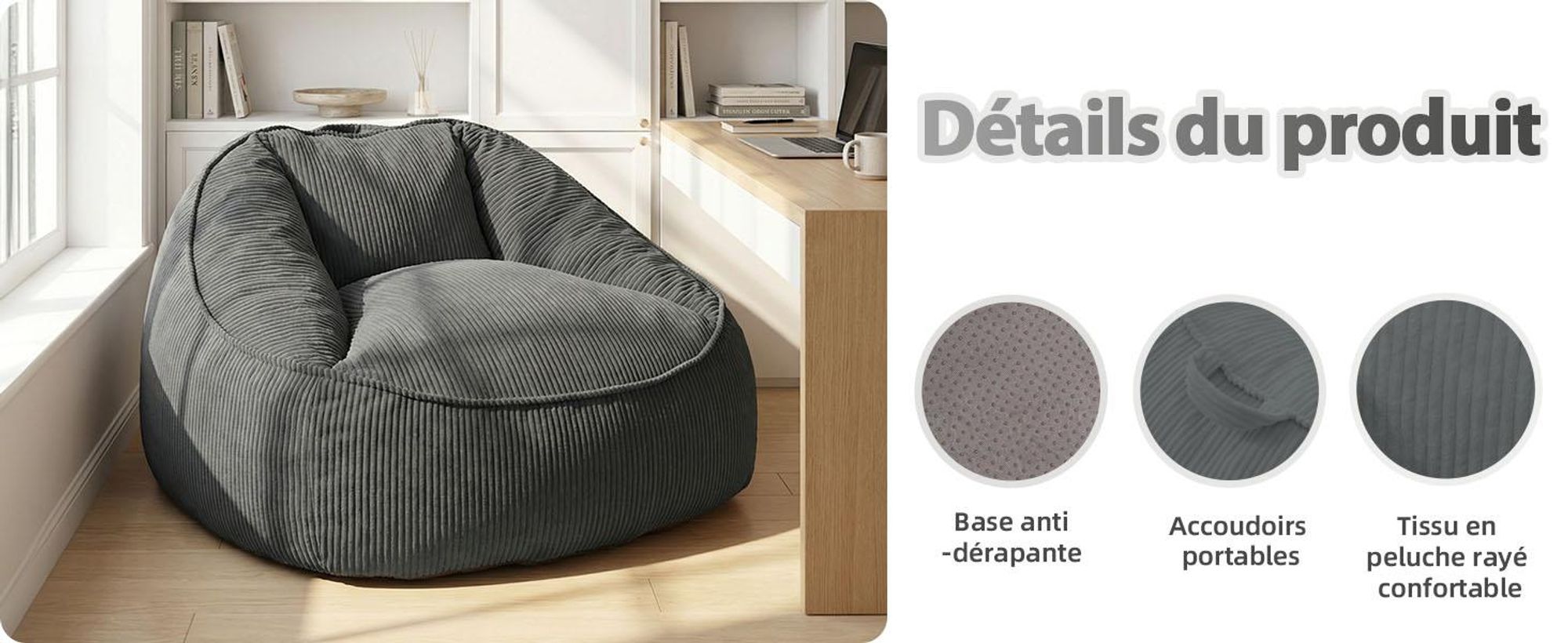 Pouf géant pour adulte, rembourrage en mousse déchiquetée, canapé de sol moelleux, forme poire, gris