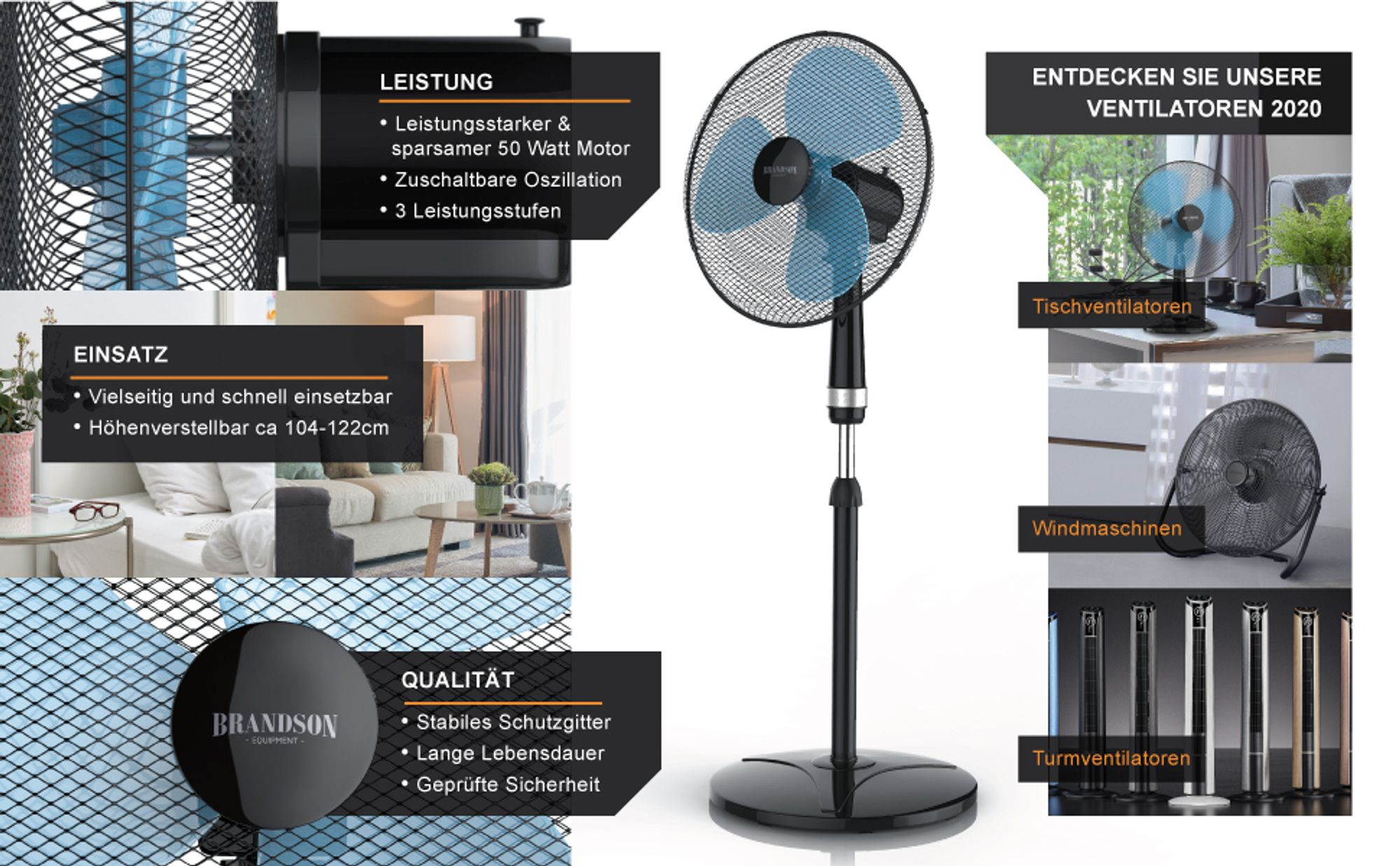 Schwarzer Standventilator im Schlafzimmer mit Nahaufnahme des Gitters und Produktinfos