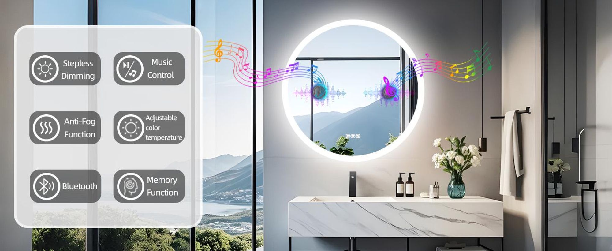 WISFOR LED Badspiegel mit Bluetooth Lautsprecher, 80×80cm Badezimmerspiegel mit Beleuchtung 3 Lichtfarbe, LED Wandspiegel dimmbar beschlagfrei, Touchs