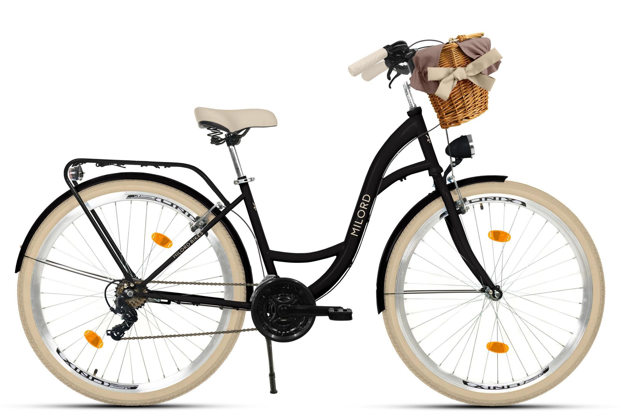 MILORD Damenfahrrad Citybike Komfort Mit Weidenkorb Hollandrad Fahrrad, 26 Zoll, 21-Gang, Schwarz