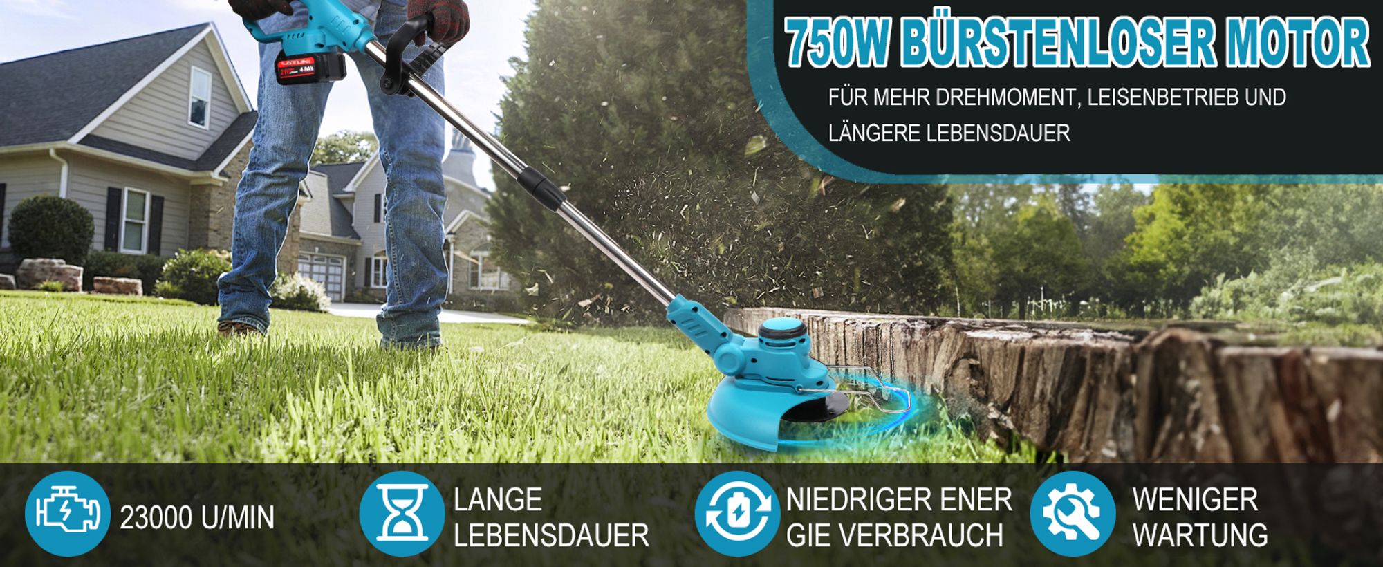 Akku Rasentrimmer 750W mit 2× 4000mAh Akkus 21V, 4 in 1 Bürstenloser Motor Rasentrimmer mit Unkrautbürste, Freischneider mit Messer und Ladegerät