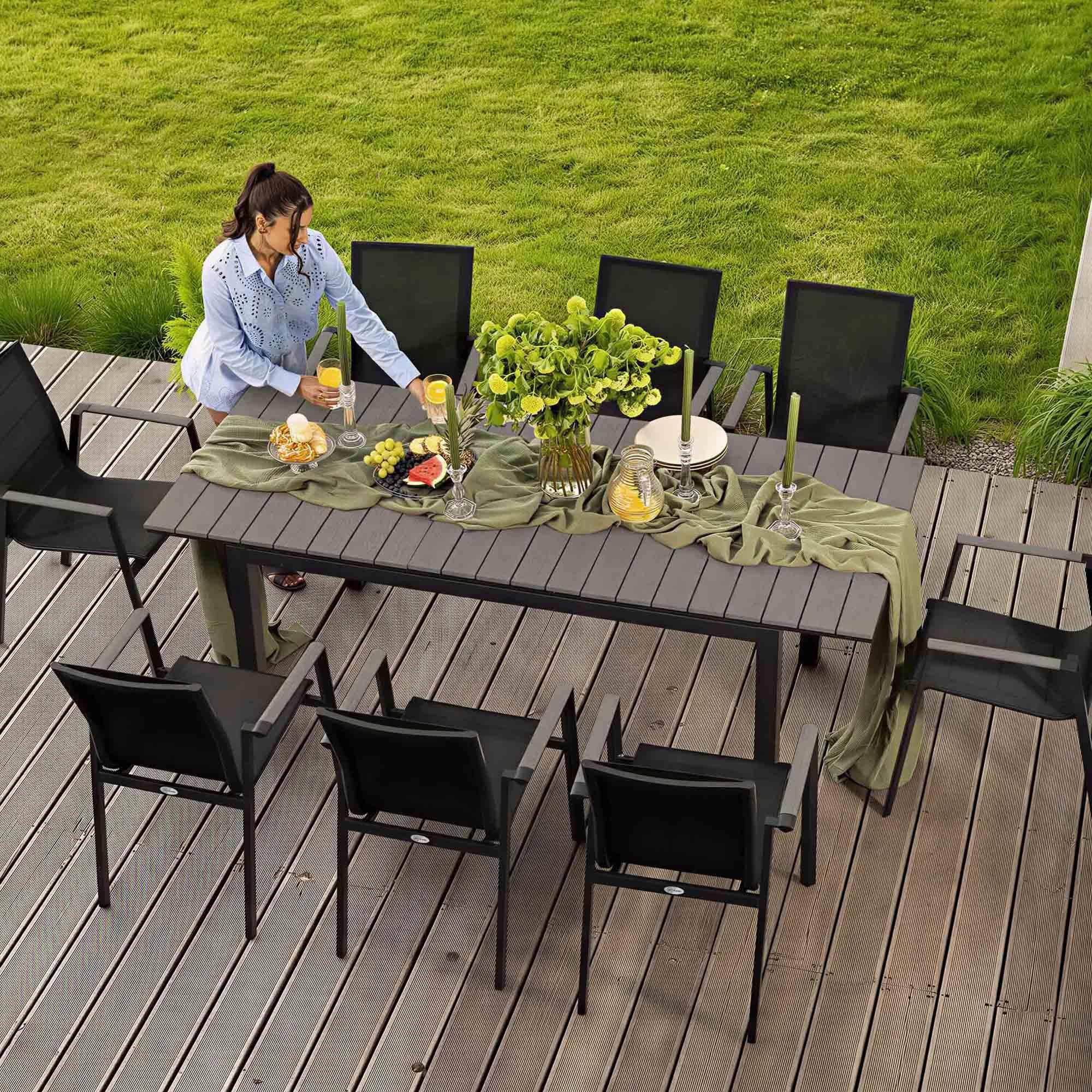 di volio Gartenmöbel MIRANNO, ausziehbarer Gartentisch mit 8 stapelbaren Stühlen - Set, langlebige Essgruppe für 8 Personen, robust & wetterfest