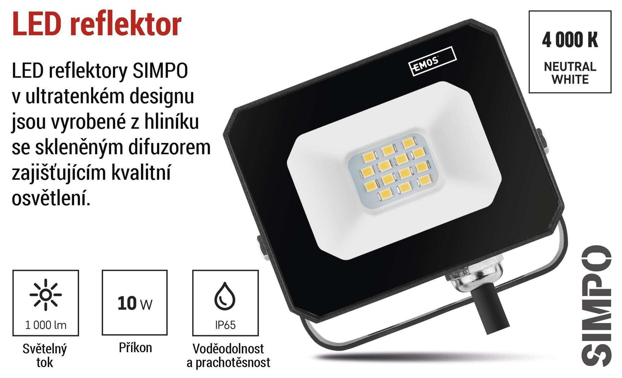 EMOS LED reflektor SIMPO 10 W, černý, neutrální bílá, ZS2213