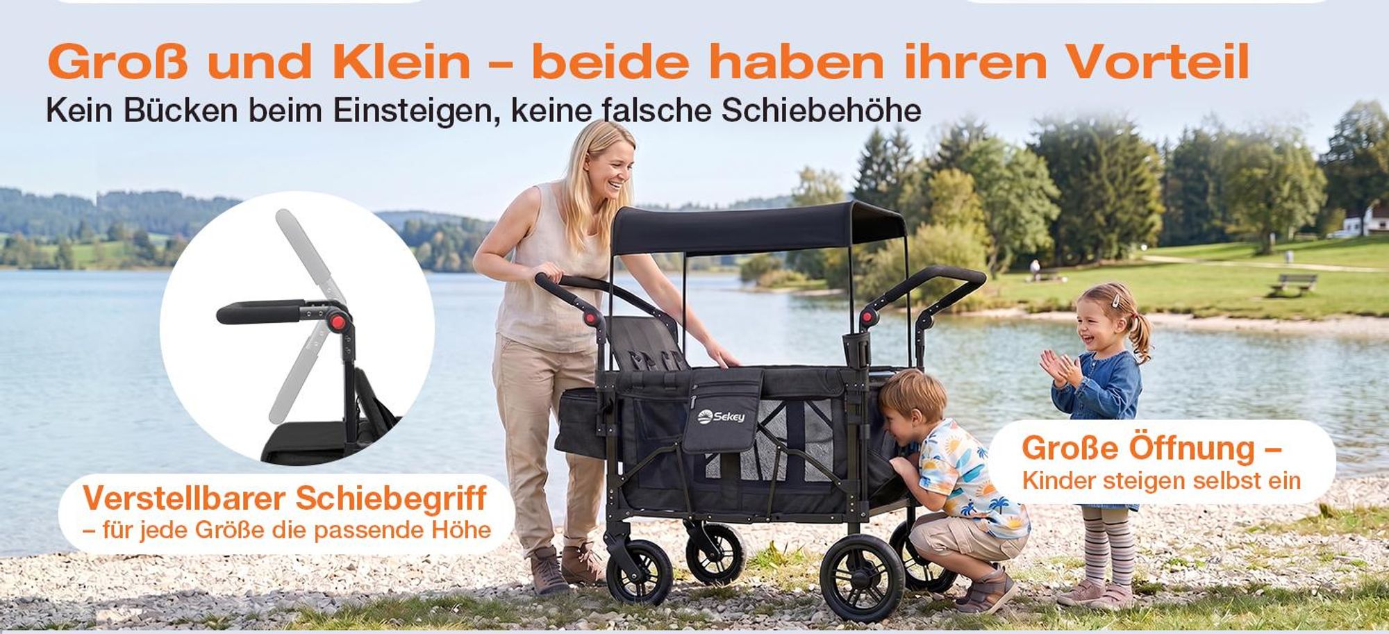 Sekey Faltbarer Bollerwagen mit Dach, Kinderwagen für 2-4 Kinder, 4 Sitzer Zwillingskinderwagen mit 4 integrierten 5-Punkt-Gurtsystem, Schwarz