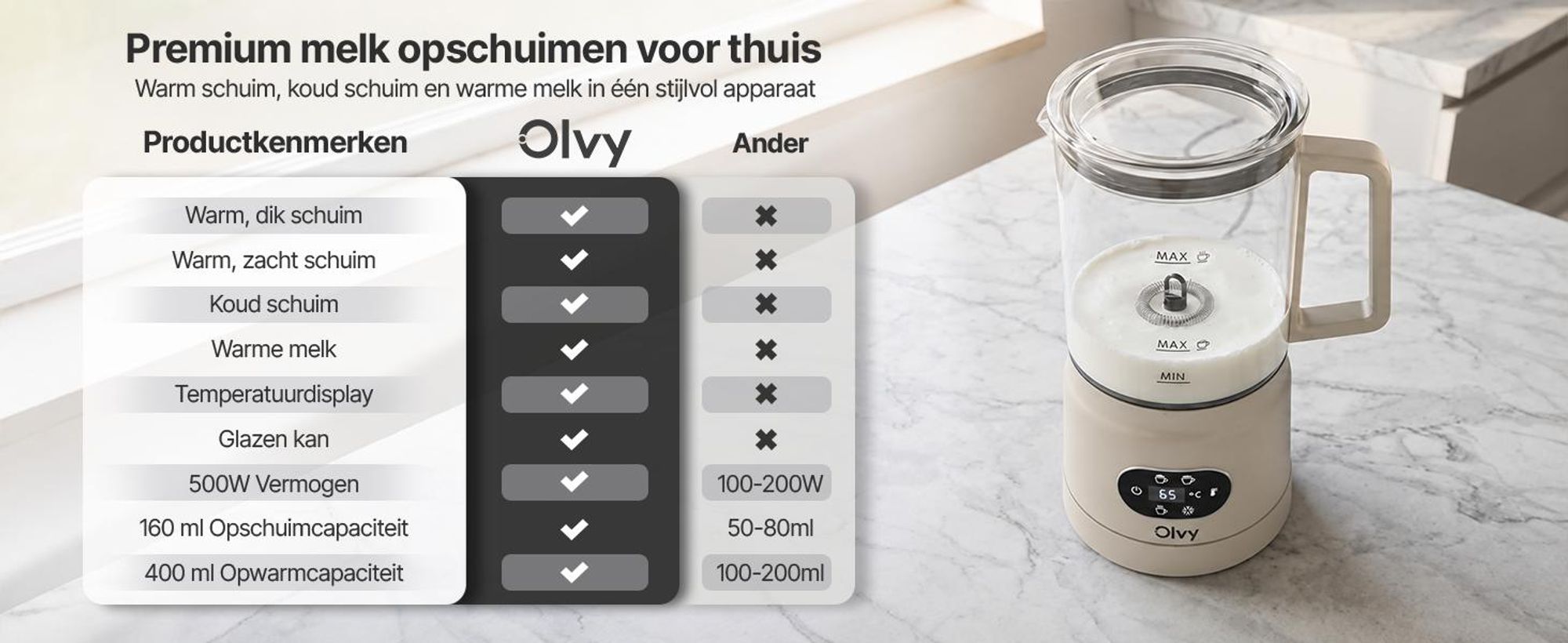 Olvy Elektrische melkschuimer van glas, 4-in-1, 500W, met temperatuurindicator, 160 ml melkschuim, 400 ml verwarmde melk, voor warme en koude melkschuim, beige