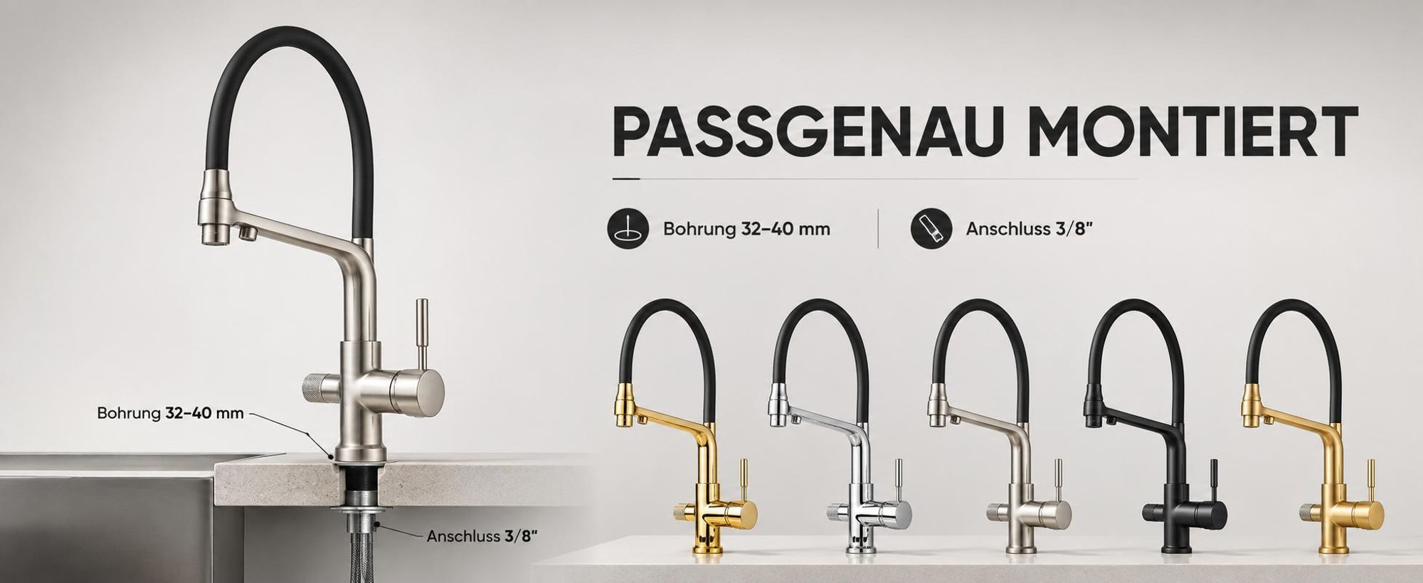 3-Wege Küchenarmatur Flexible mit Wasserfilter-Anschluss, herausziehbare Brause, 360° schwenkbar, getrennte Wasserwege, Keramikkartusche Schwarz-Matt