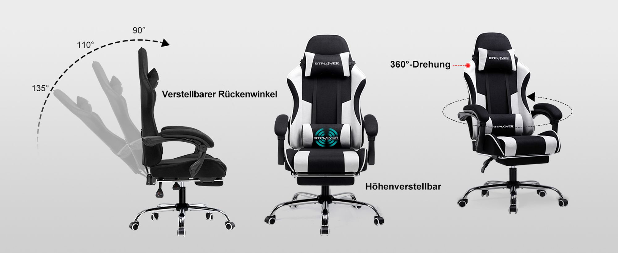 GTPLAYER Bürostuhl Gaming Stuhl Stoff Gaming Sessel Ergonomischer Gamer Stuhl mit Fußstütze, Kopfstütze Lendenkissen, Gepolstert Gaming Chair, weiß