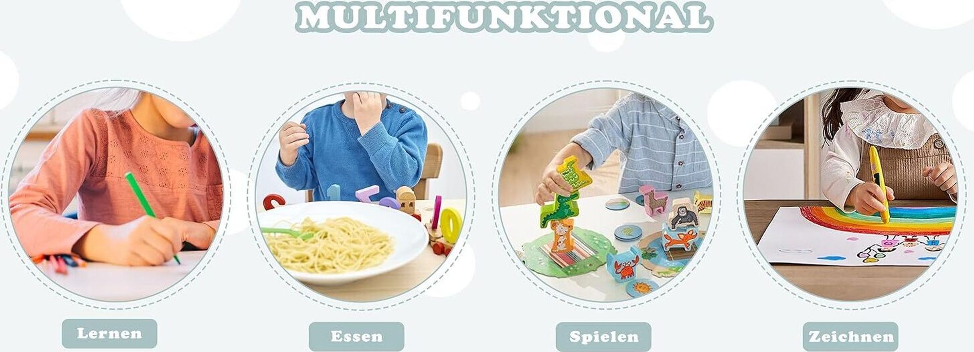 WOLTU Runder Kindertisch mit 2 Stühlen, Kindersitzgruppe mit Stauraum Netztasche
