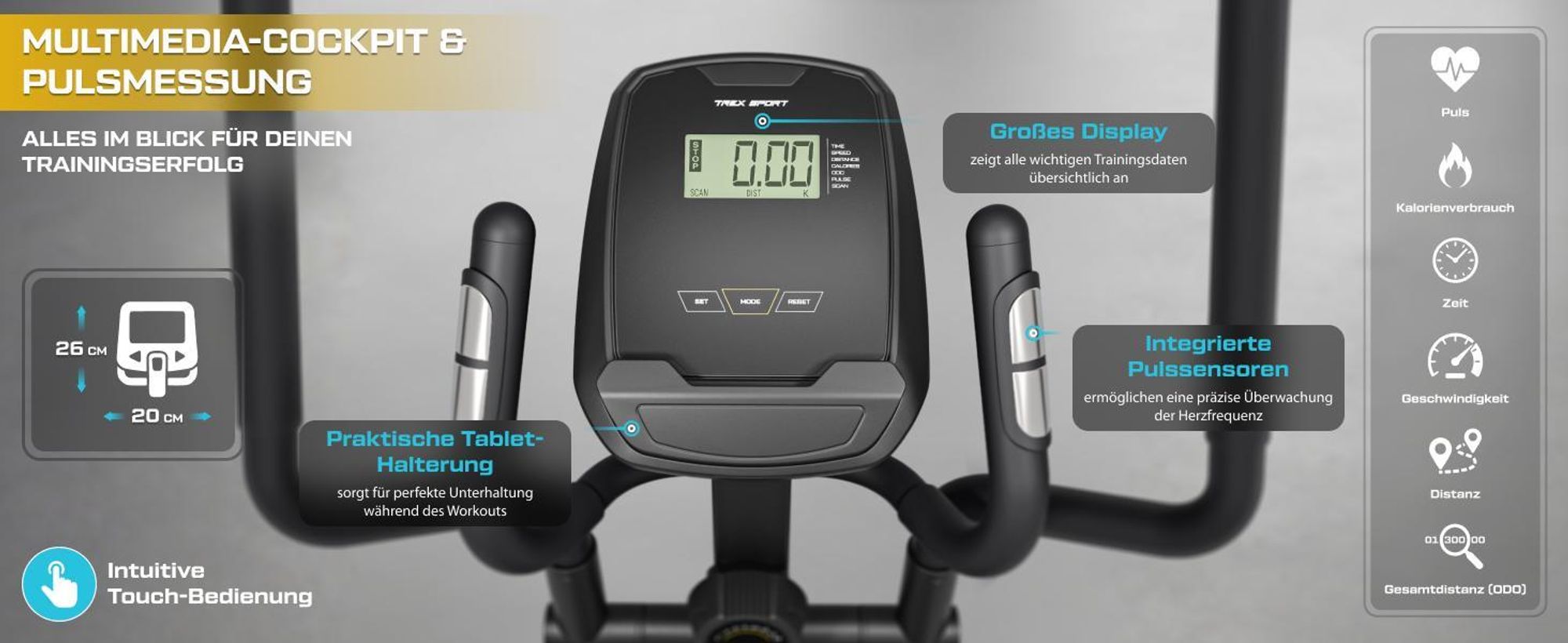 TREX SPORT Crosstrainer für zuhause TX-500CT SINER | Ellipsentrainer magnetisch bis 120kg, 16 Stufen Widerstand, verstellbare Griffe, 8kg Schwungmasse