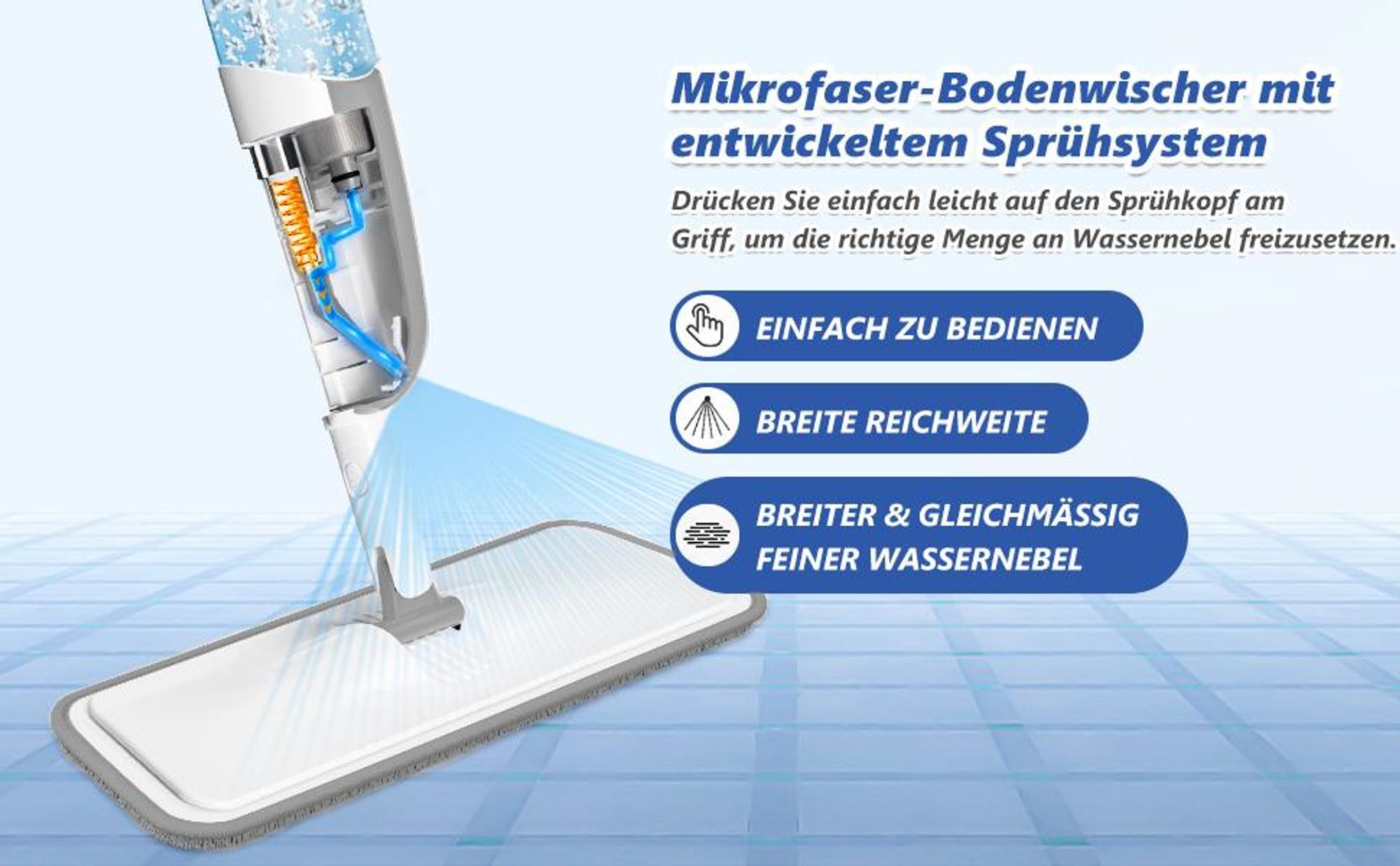 Sprühwischer Bodenwischer mit Sprühfunktion, Spray Mop inkl. 4 Mikrofaserpads, Wischmop für Laminat Fliesen Parkett, 300ml Wassertank, 360° Gelenk