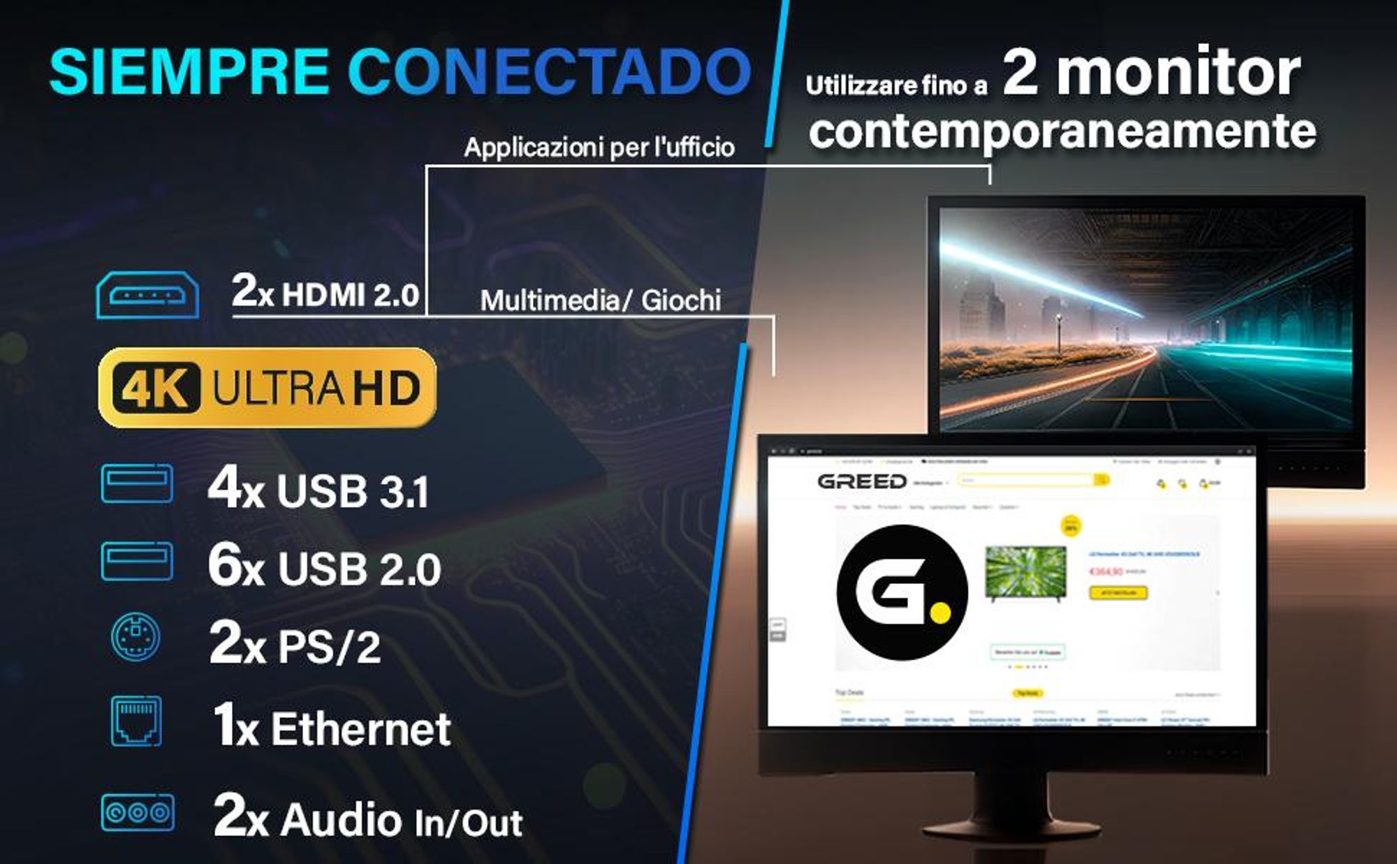 Greed® Multimedia V2 Pc - Intel Core i7 10700F - Computer fisso per ufficio - 4,8 GHz - 16 GB RAM DDR4 - 512 GB SSD - USB 3.1 - WiFi - Windows 11 Pro